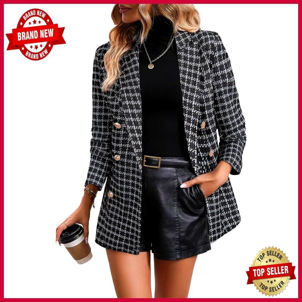 Plaid Tweed Blazer Double Breasted Long Sleeve Open Front Work Casual